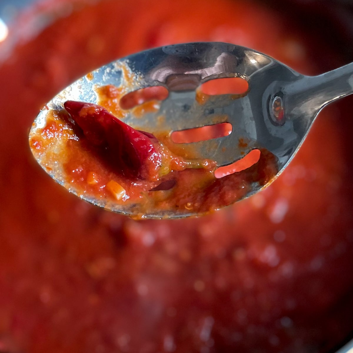 A whole Calabrian chili is removed from the arrabbiata sauce with a metal slotted spoon.