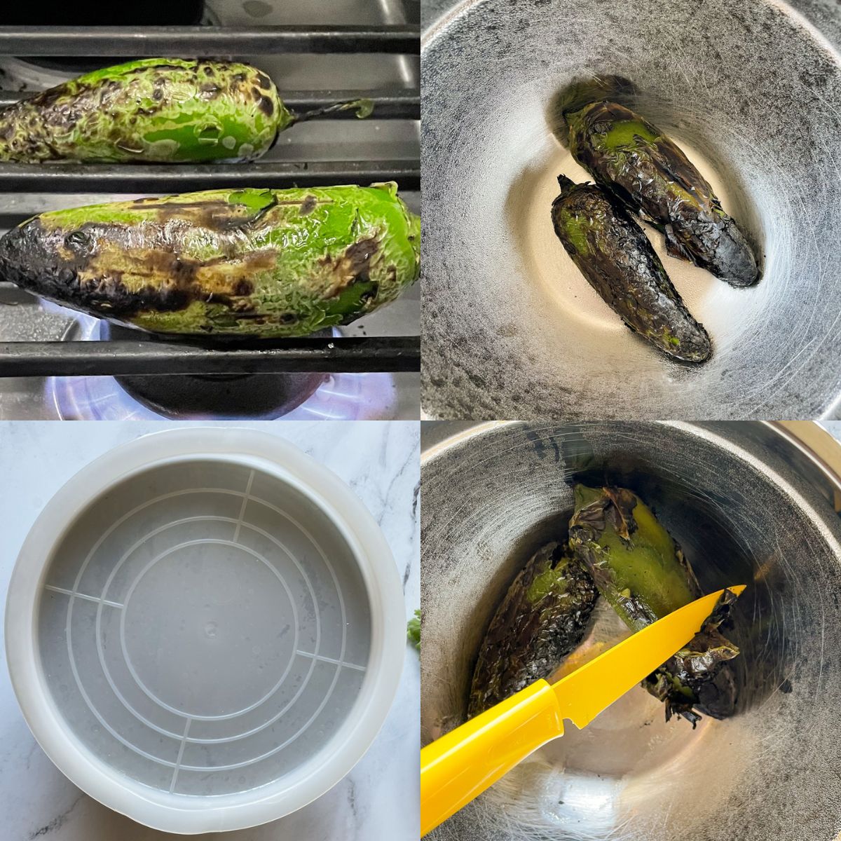 Collage of four photo showing how to roast a jalapeño on a gas stovetop and remove its skin.