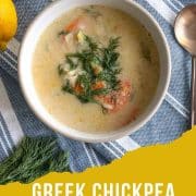 Image of greek chickpea soup with the recipe title and URL for Two Cloves Kitchen.