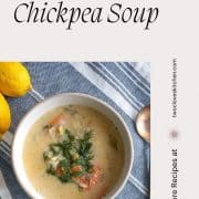Image of greek chickpea soup with the recipe title and URL for Two Cloves Kitchen.