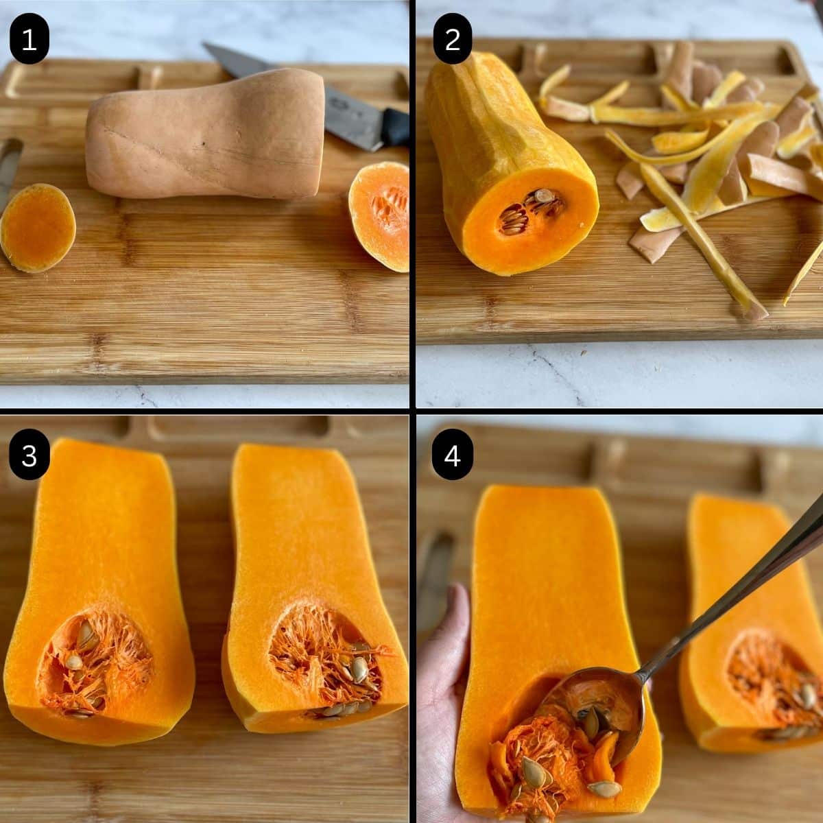 Steps 1 through 4 of how to properly cut a butternut squash are shown.