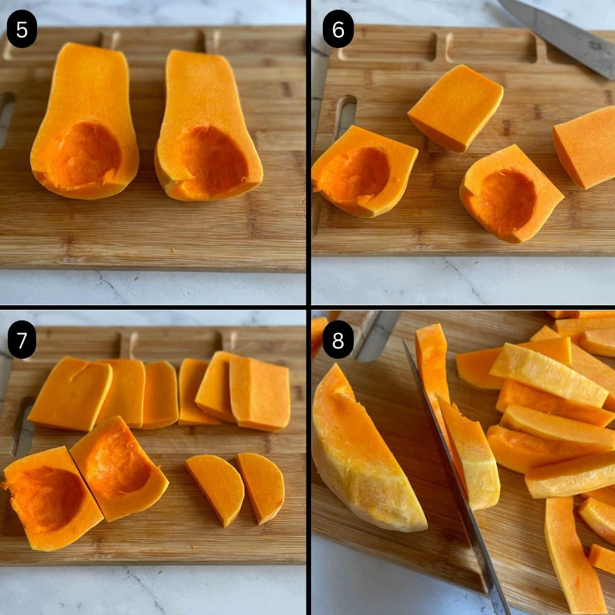 Steps 5 through 8 of how to properly cut a butternut squash are shown.