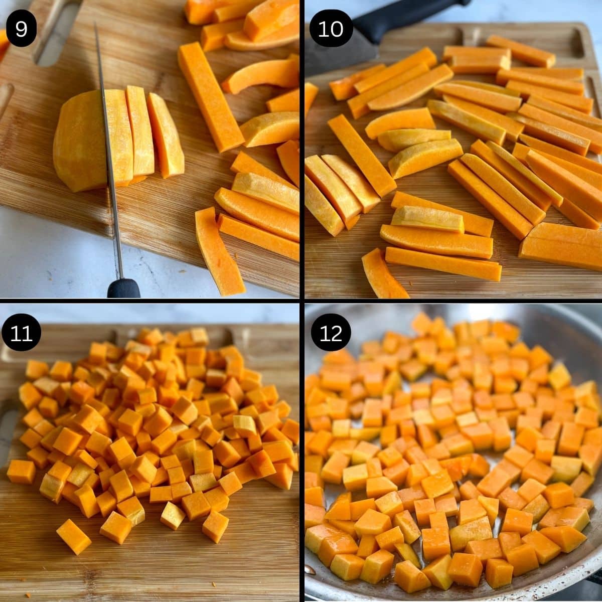Steps 9 through 12 of how to properly cut a butternut squash are shown.