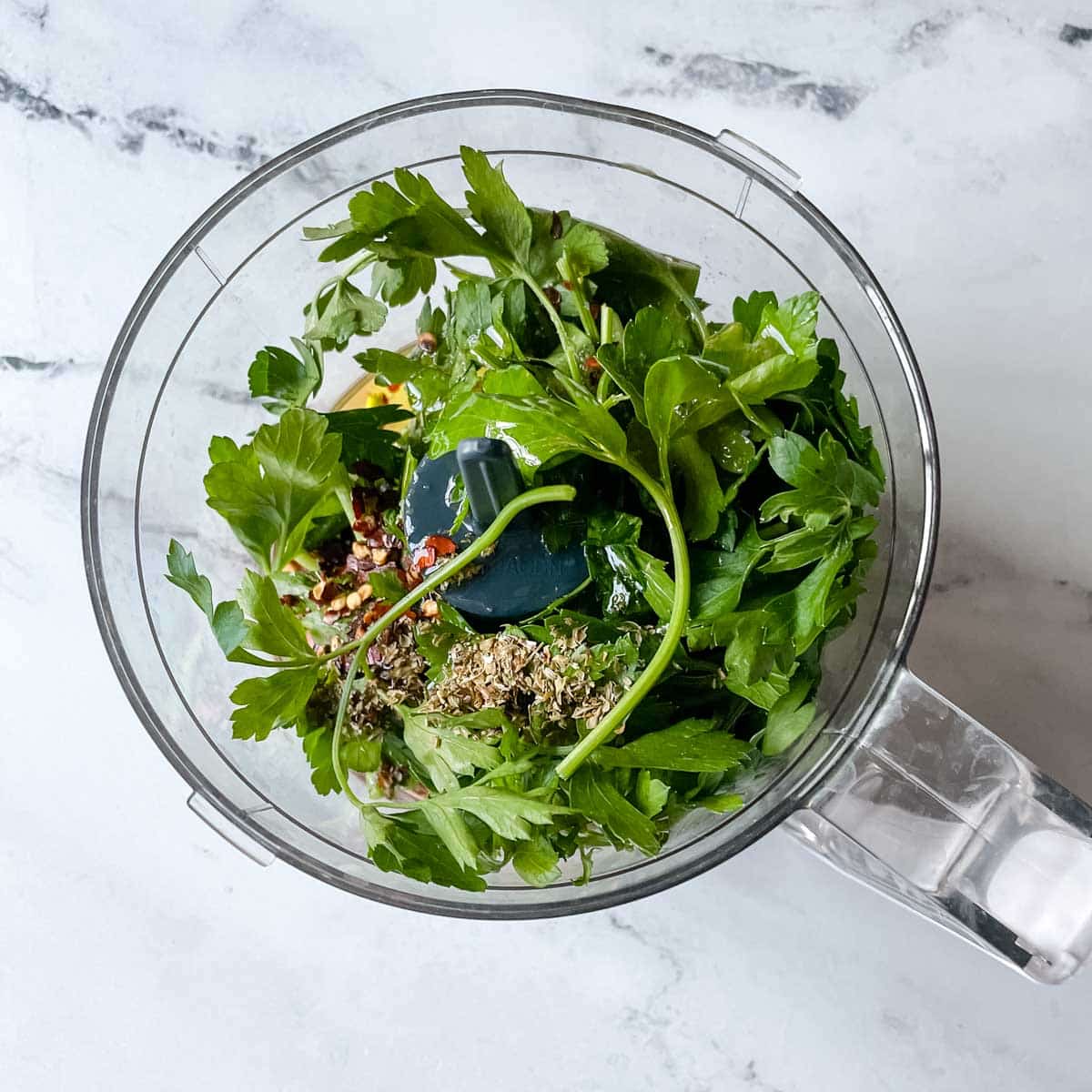 The ingredients for chimichurri sauce are shown in a mini food processor.