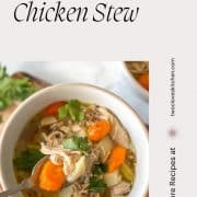 A white bowl of Instant Pot Chicken Stew is shown with the words Instant Pot Chicken Stew and the URL www.twocloveskitchen.com.