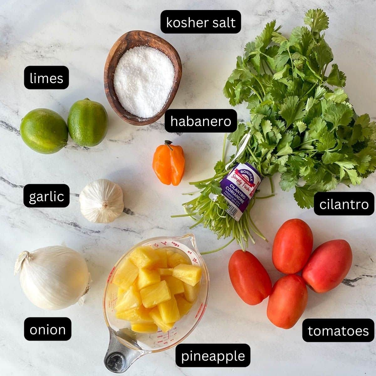 The labeled ingredients for pineapple habanero salsa sit on a white marble counter.