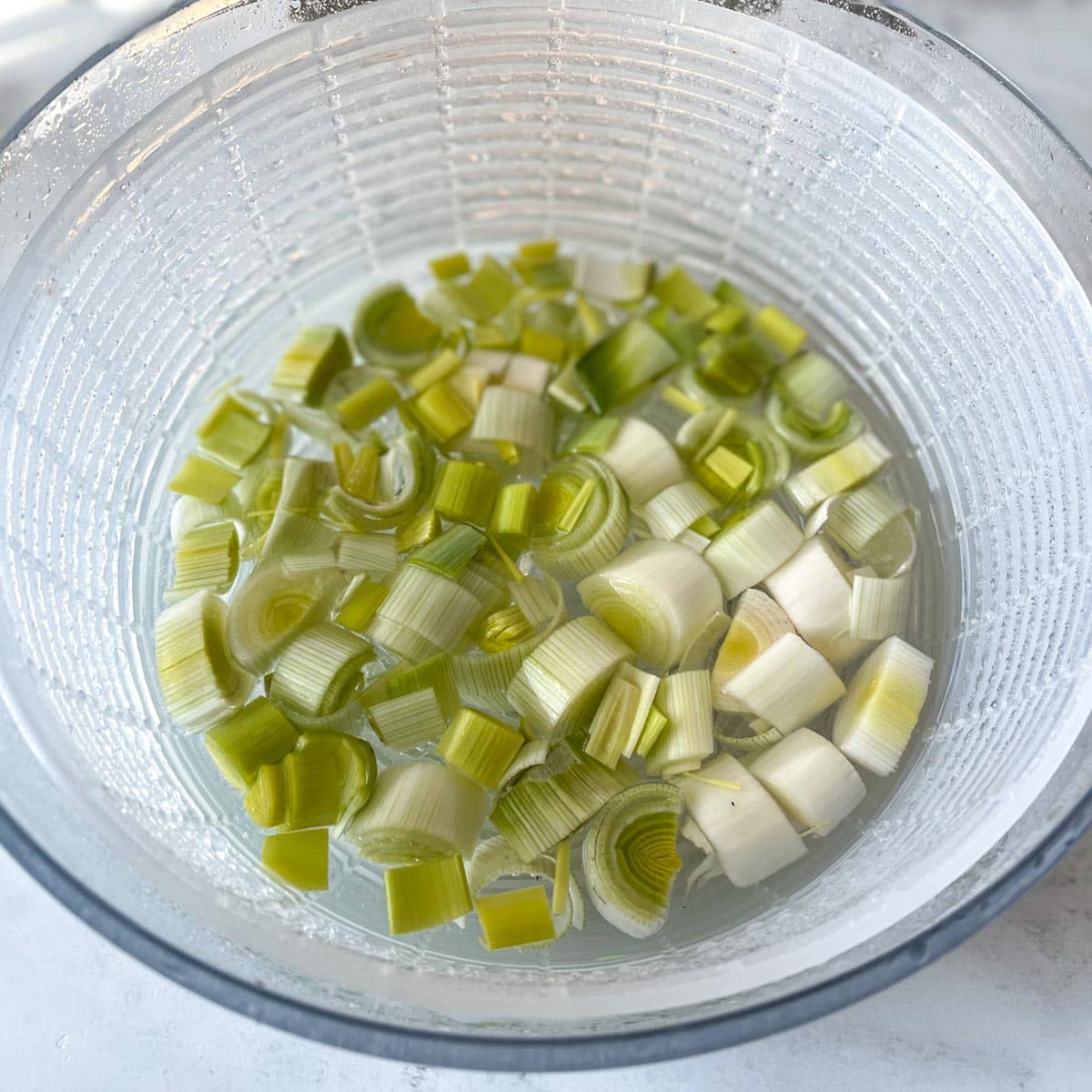 Sliced leeks are shown soaking in water in a salad spinner.