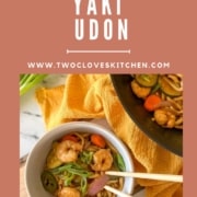 A bowl of shrimp yaki udon is shown with the words Shrimp Yaki Udon and the URL www.twocloveskitchen.com.