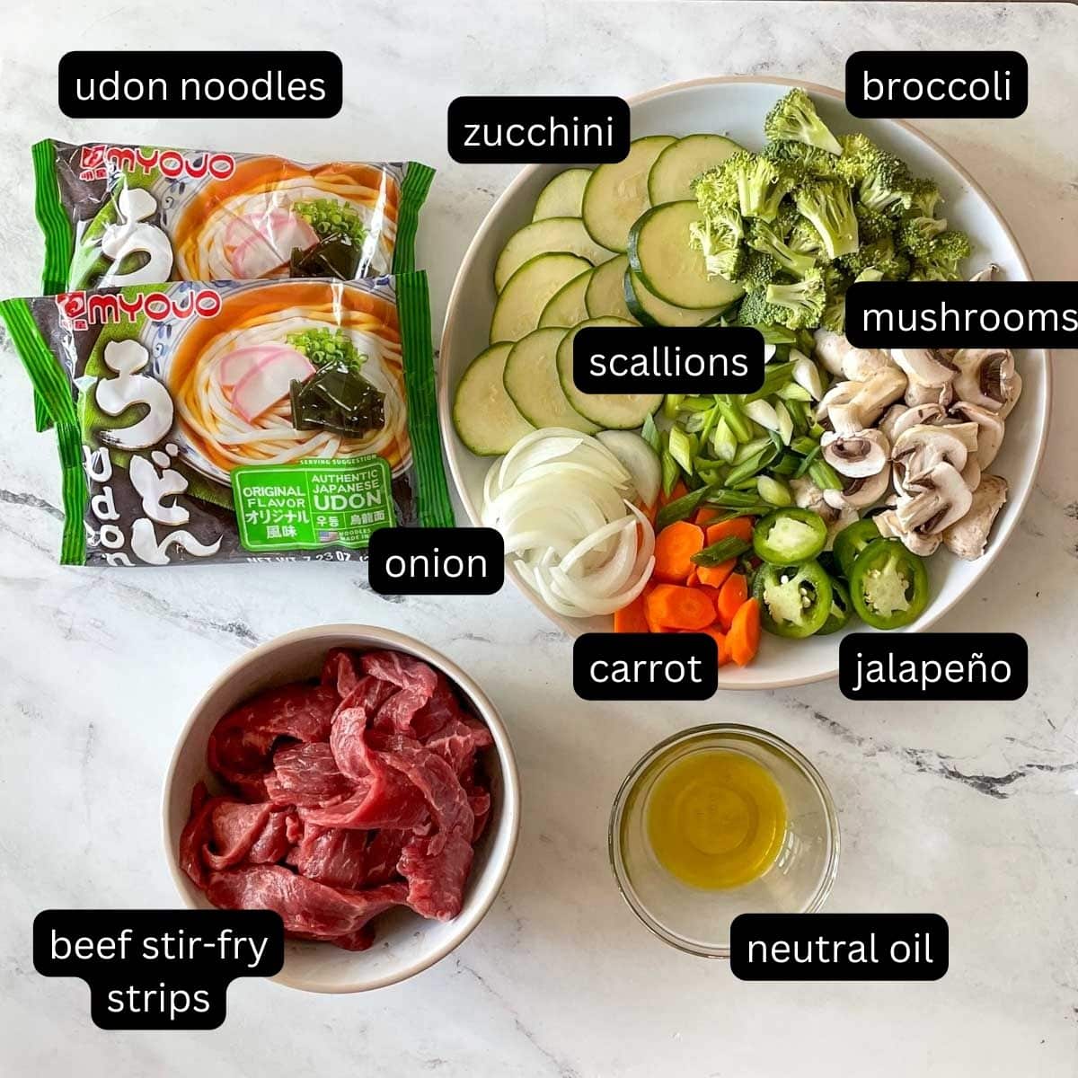 The labeled ingredients for Beef Yaki Udon sit on a white marble counter.