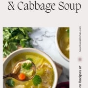 A bowl of soup is shown with the words Chicken and Cabbage Soup and the URL www.twocloveskitchen.com.