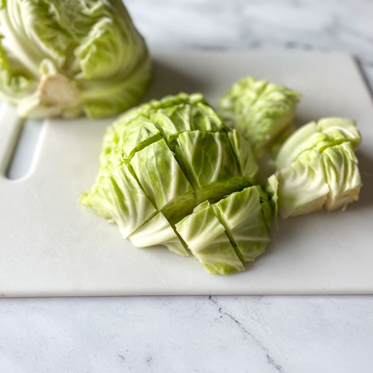 Cabbage is cut into bite-sized pieces.