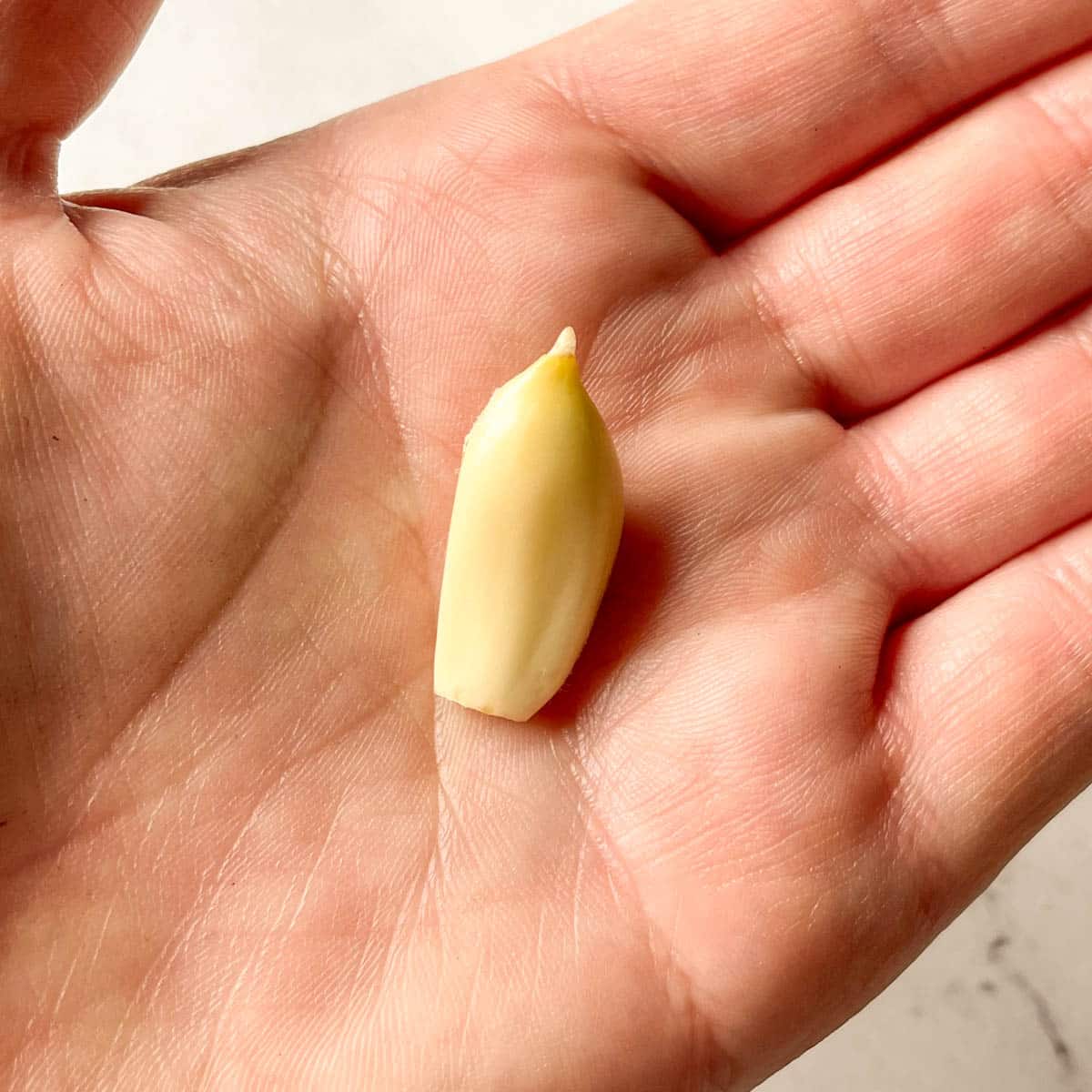 A clove of garlic with a small green stem at its top is shown in the palm of the author's hand.