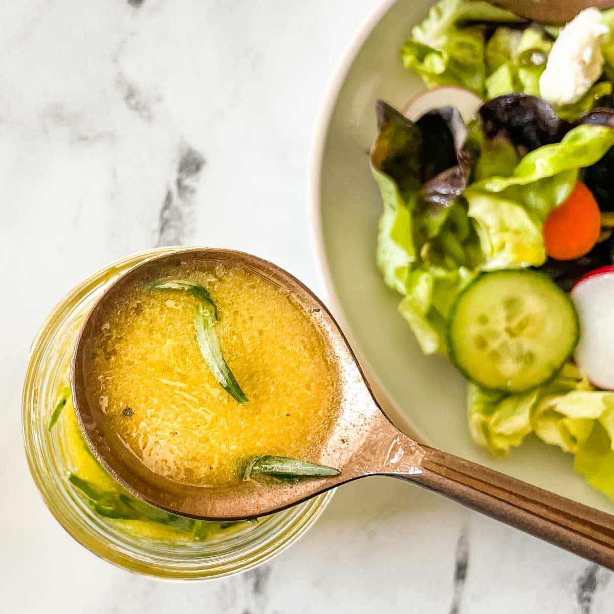 A spoonful of lemon herb vinaigrette is shown in the foreground over a green salad.