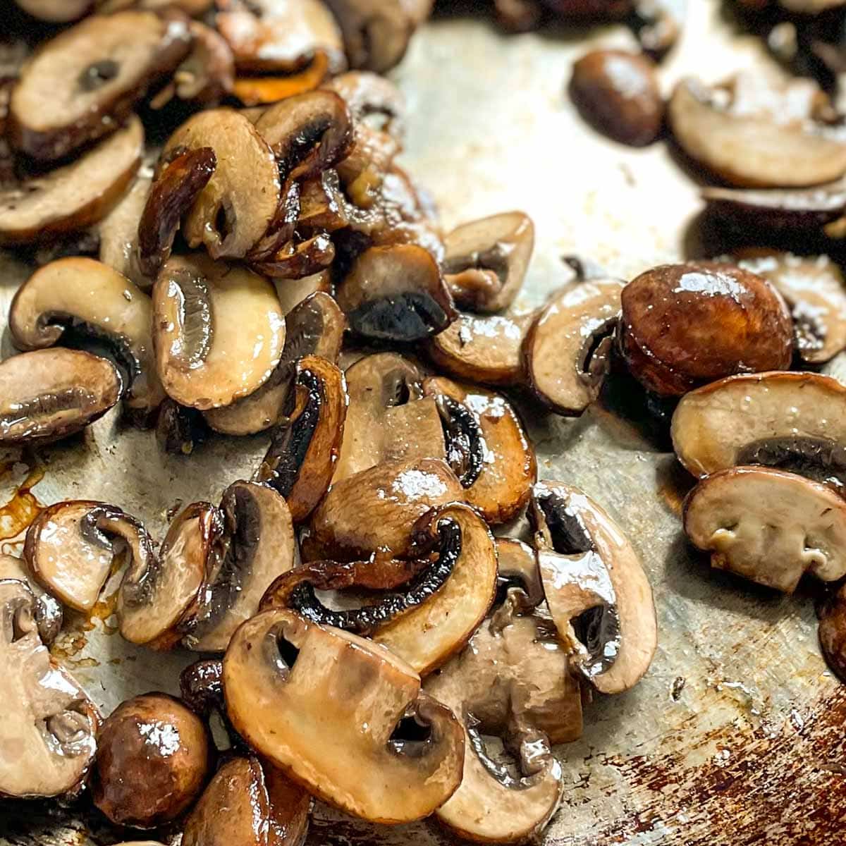 The mushrooms are shown fully browned.