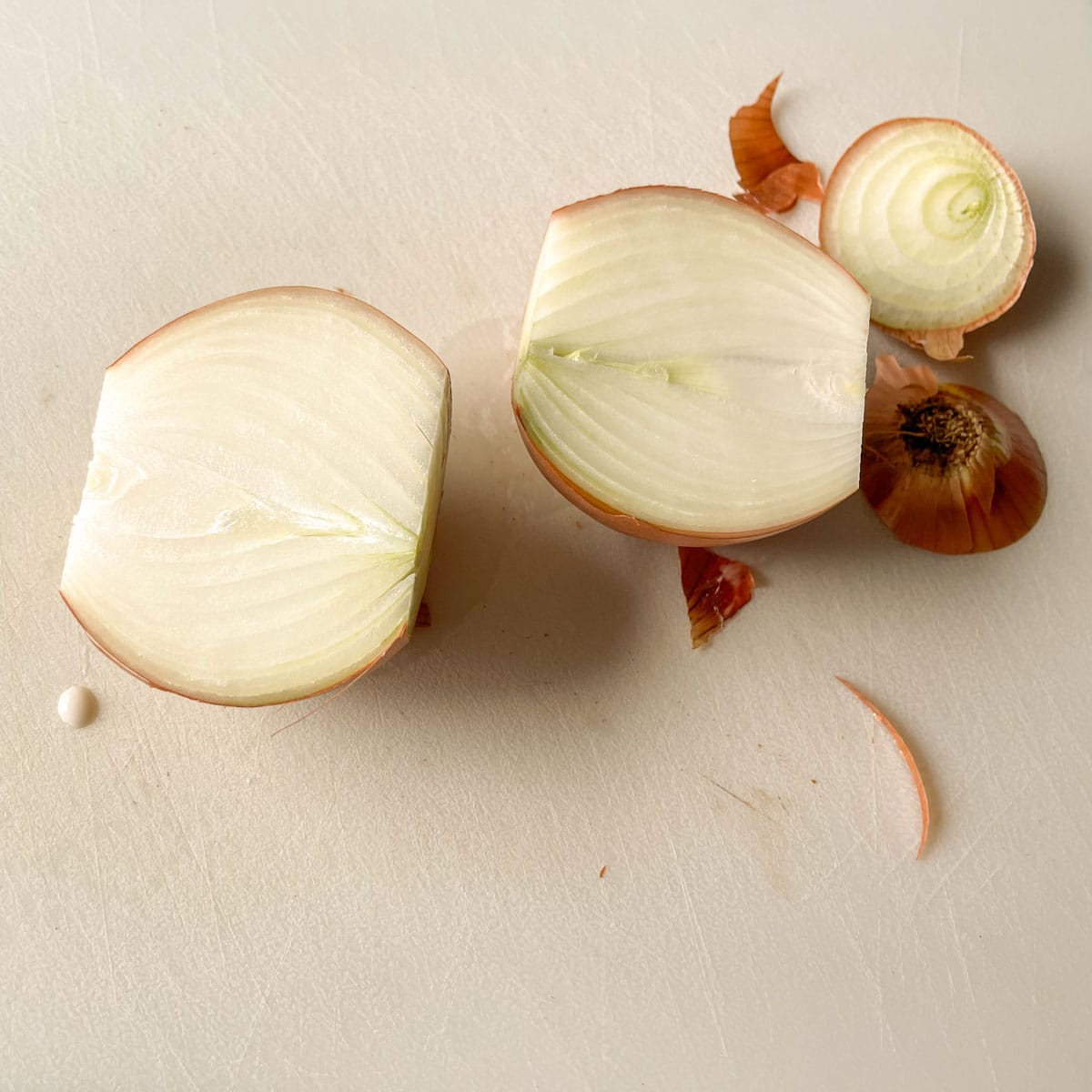 An onion is cut in half.