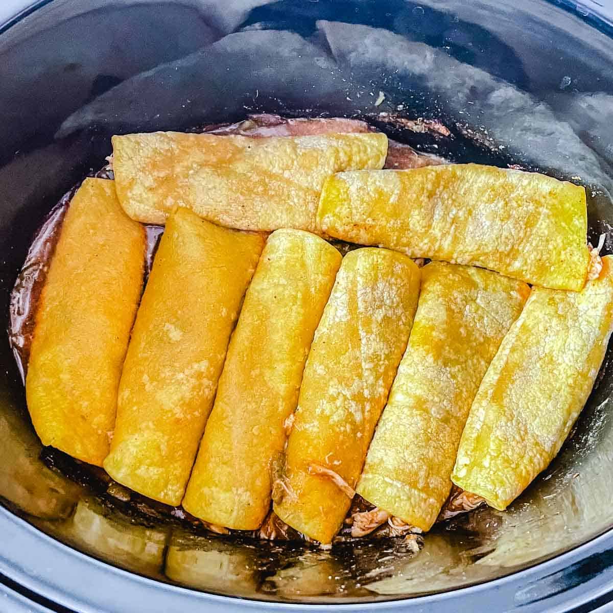 The rolled enchiladas are added back to the slow cooker.
