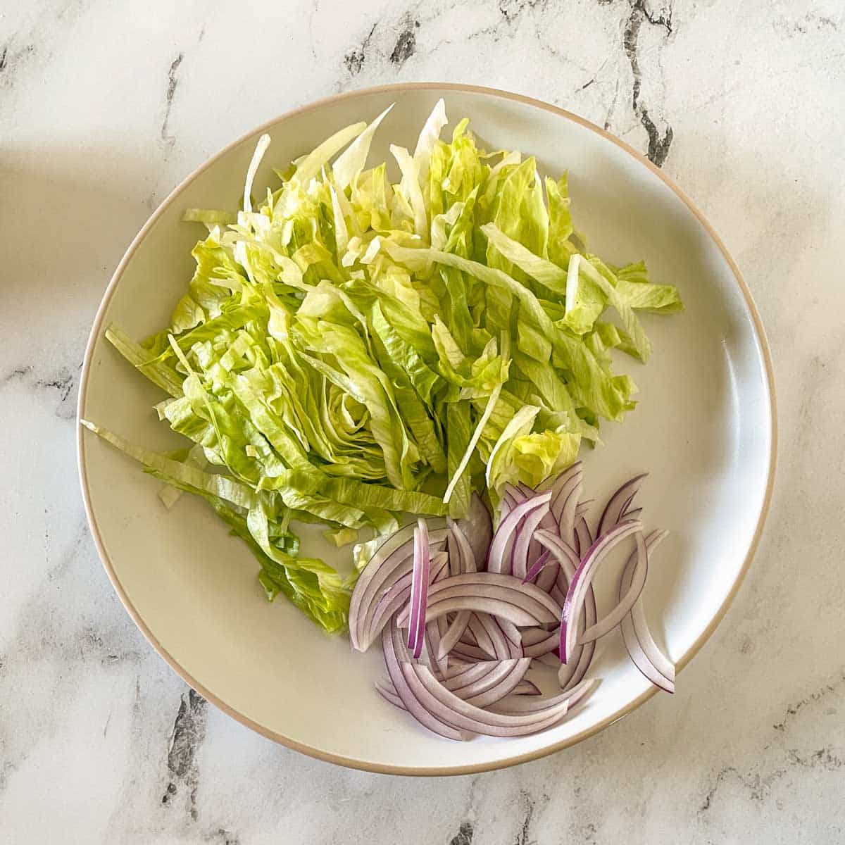 Shredded lettuce and sliced onion is shown on a white plate.