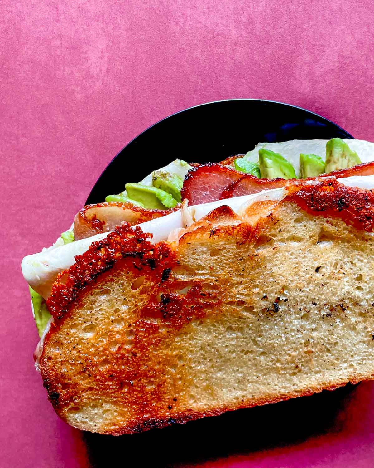 The toasted turkey avocado sandwich is shown from above on a red background.