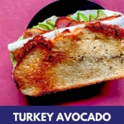 A toasted sandwich sits on a red background with the words Turkey Avocado Sandwich and the URL www.twocloveskitchen.com.