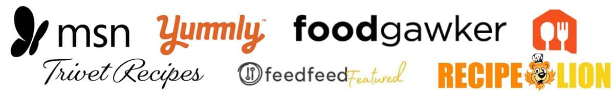 Logos are shown for MSN, yummly, foodgawker, trivet recipes, the feedfeed, recipe lion, and food talk daily.