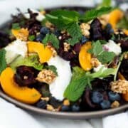 A salad with mixed fruit and burrata sits on a brown plate.