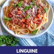 A dish of linguine with meat sauce is shown with the words Linguine Bolognese and the URL www.twocloveskitchen.com.