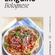 A dish of linguine with meat sauce is shown with the words Linguine Bolognese and the URL www.twocloveskitchen.com.