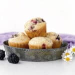A stack of blackberry muffins sits in a baking dish.
