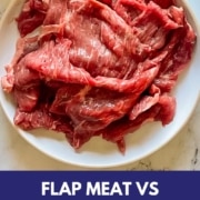 Steak is shown on a white plate with the words Flap Meat vs Skirt Steak and the URL www.twocloveskitchen.com.
