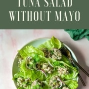 This Pinterest pin shows tuna salad on a bed of iceberg lettuce with the words Tuna Salad without mayo and the URL www.twocloveskitchen.com.