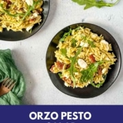 Orzo pesto salad is shown with the words Orzo Pesto Salad and the URL www.twocloveskitchen.com.