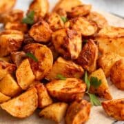 A closeup is shown of air fryer home fries.
