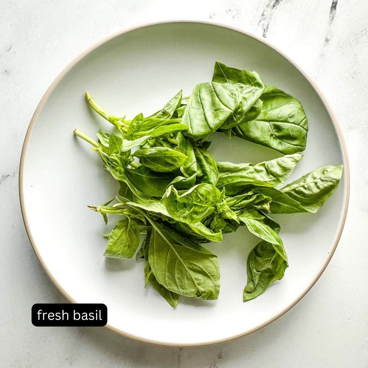 Labeled fresh basil on a white plate.