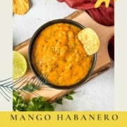 A bowl of mango salsa is shown with the words mango habanero salsa and the URL www.twoclovesitchen.com.