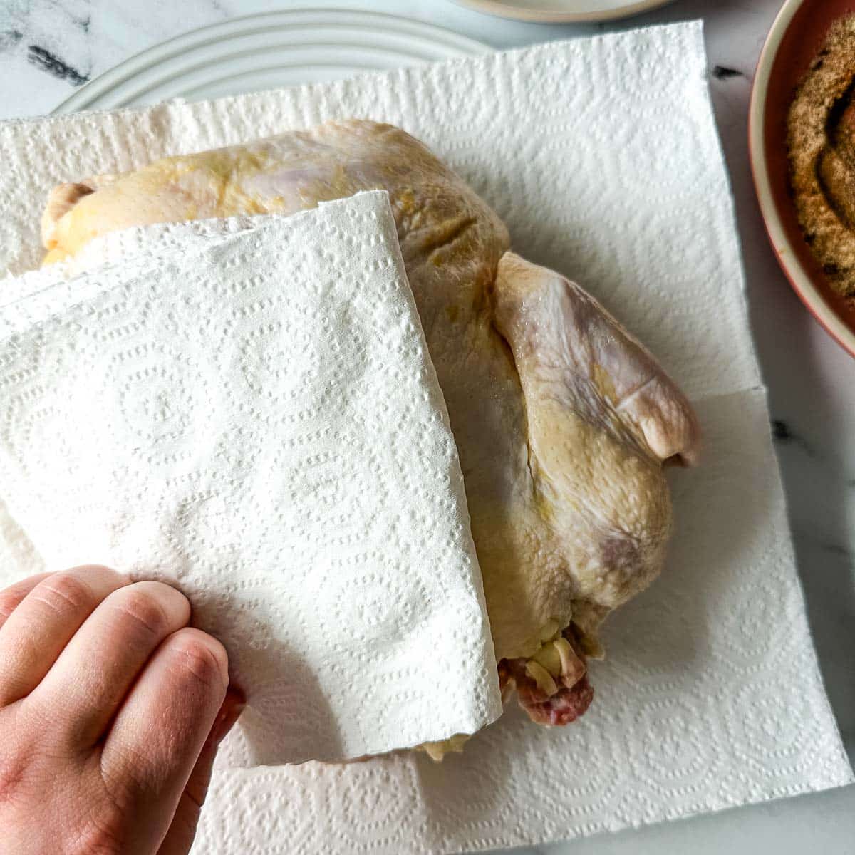 Raw chicken is pat dry with a paper towel.