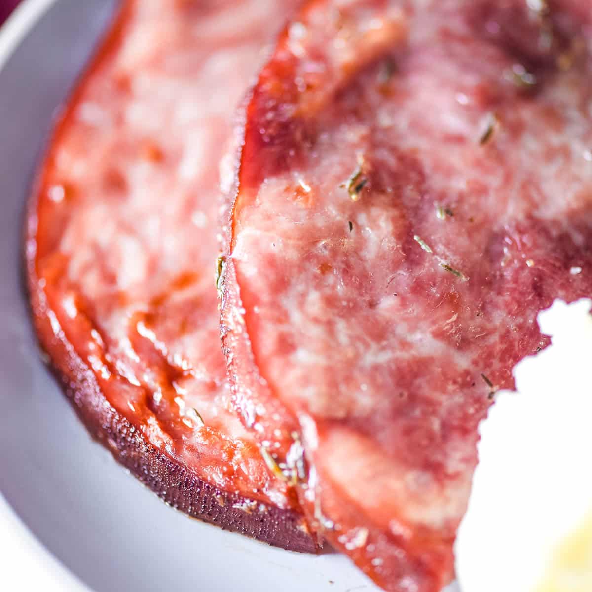 closeup of air fryer ham steak.