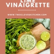 A jar of green vinaigrette is shown with the words honey lime jalapeno vinaigrette and the URL www.twocloveskitchen.com.