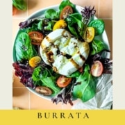 burrata salad with balsamic glaze with the words burrata salad and the URL for two cloves kitchen dot com.