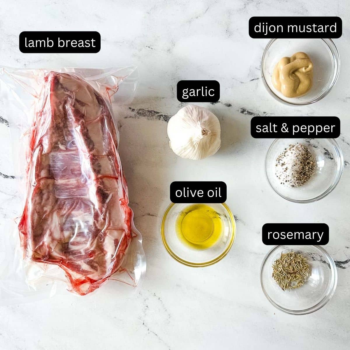 labeled ingredients for lamb breast recipe.