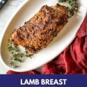 lamb breast on a white platter with the words lamb breast recipe and the URL for two cloves kitchen dot com.