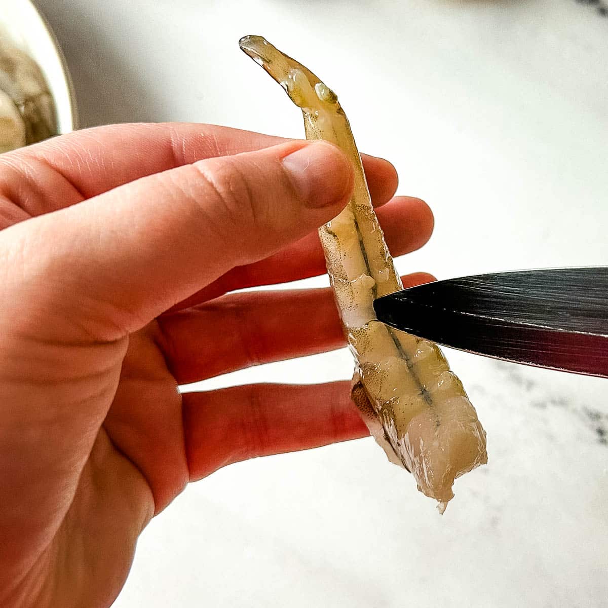 the interior of a shrimp is pierced with a black paring knife.