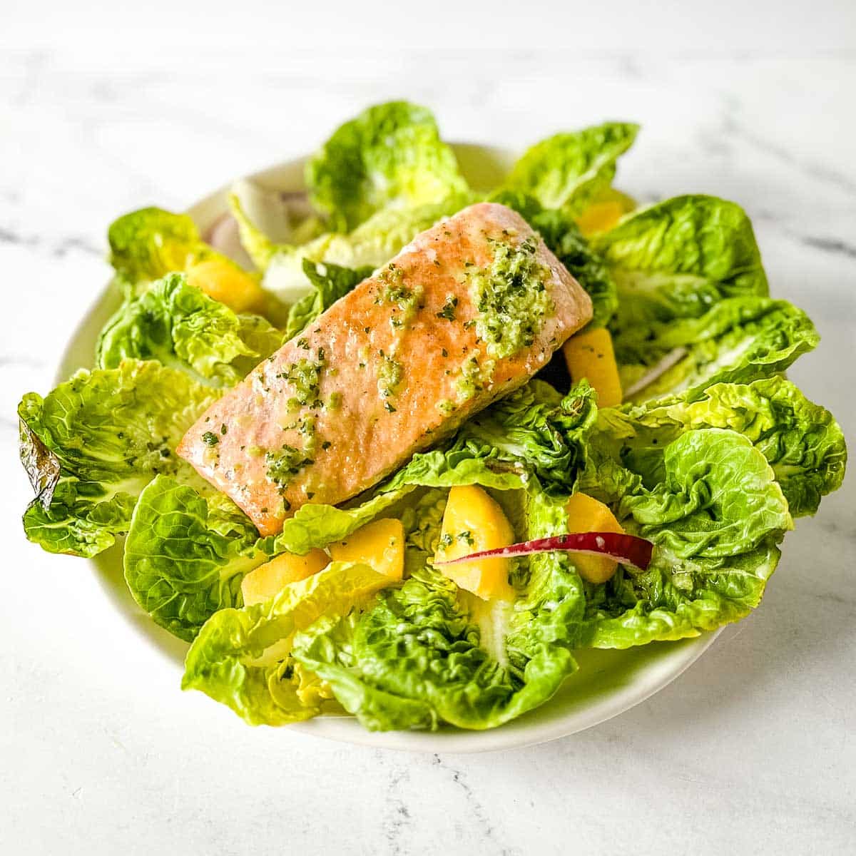 A fillet of salmon sits on a bed of little gem lettuce, mango, red onion, and jalapeno vinaigrette on a white marble counter.