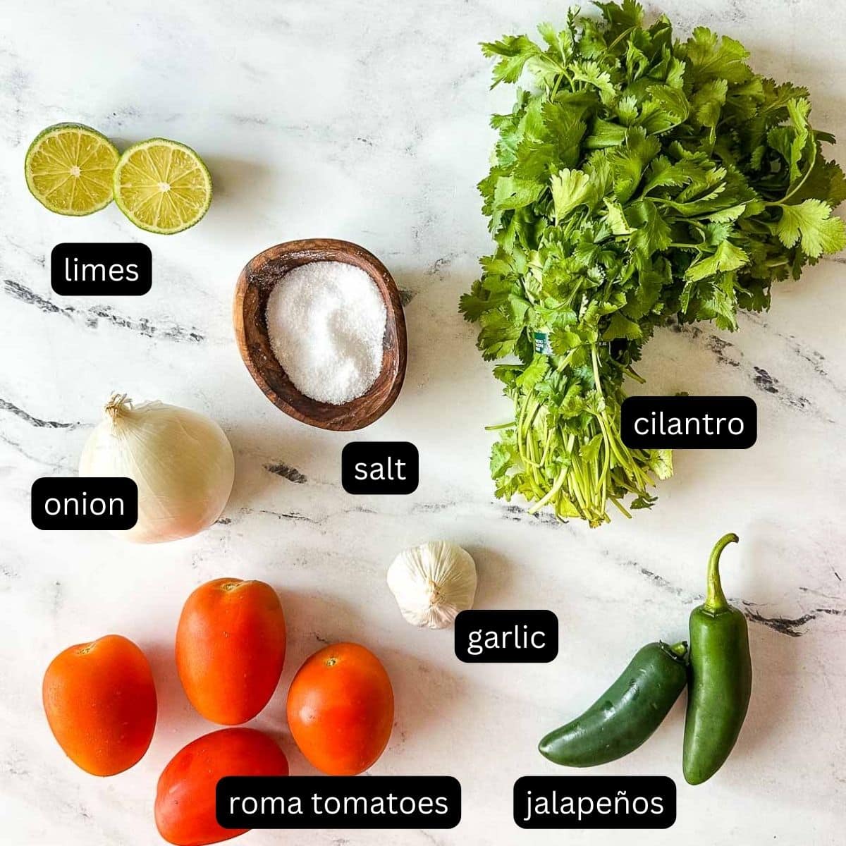 labeled ingredients for garden fresh salsa on a white marble counter.