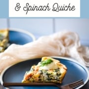 a slice of quiche labeled with the words smoked salmon and spinach quiche and the URL two cloves kitchen dot com.