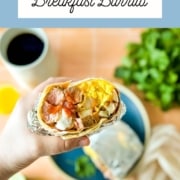 An image with a breakfast burrito is held over a blue plate and including the words carne asada breakfast burrito and the web address two cloves kitchen dot com.
