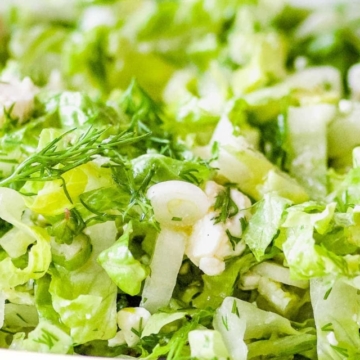 Closeup side view shot of Prasini salad in a white dish.