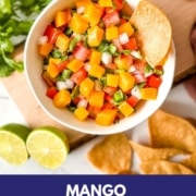 An image of mango salsa in a white bowl with the words Mango Pico de Gallo and the web address two cloves kitchen dot com.