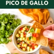 An image is shown with a bowl of pineapple salsa, the words pineapple pico de gallo, and the web address for two cloves kitchen dot com.