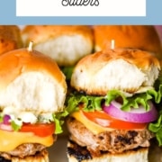 An image of turkey burger sliders with the words turkey burger sliders and the web address for two cloves kitchen dot com.