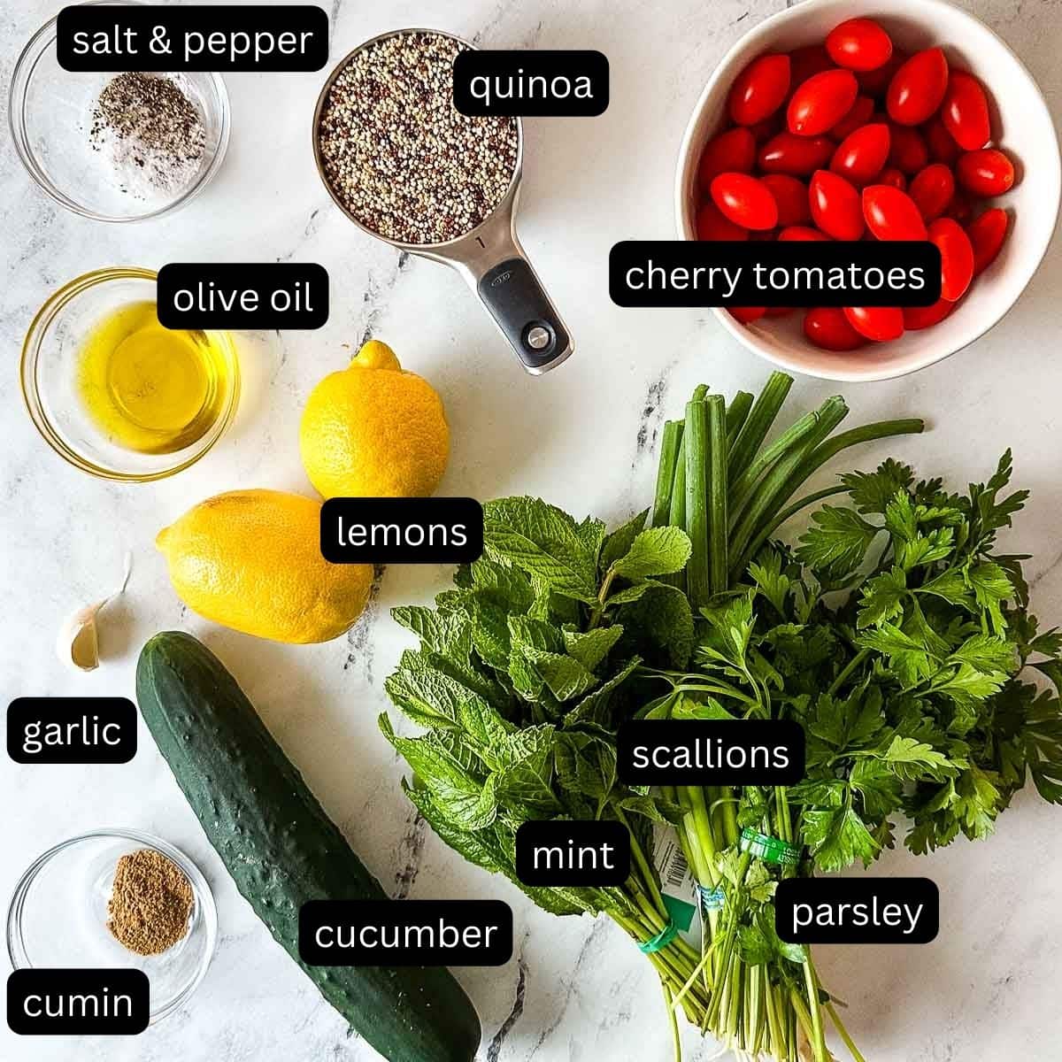 Labeled ingredients for quinoa salad on a white marble counter.